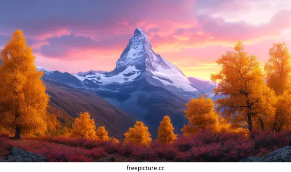 Majestic mountain landscape with Matterhorn in Switzerland during autumn