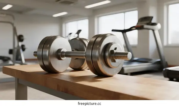 Dumbbells on wooden bench in modern gym setting