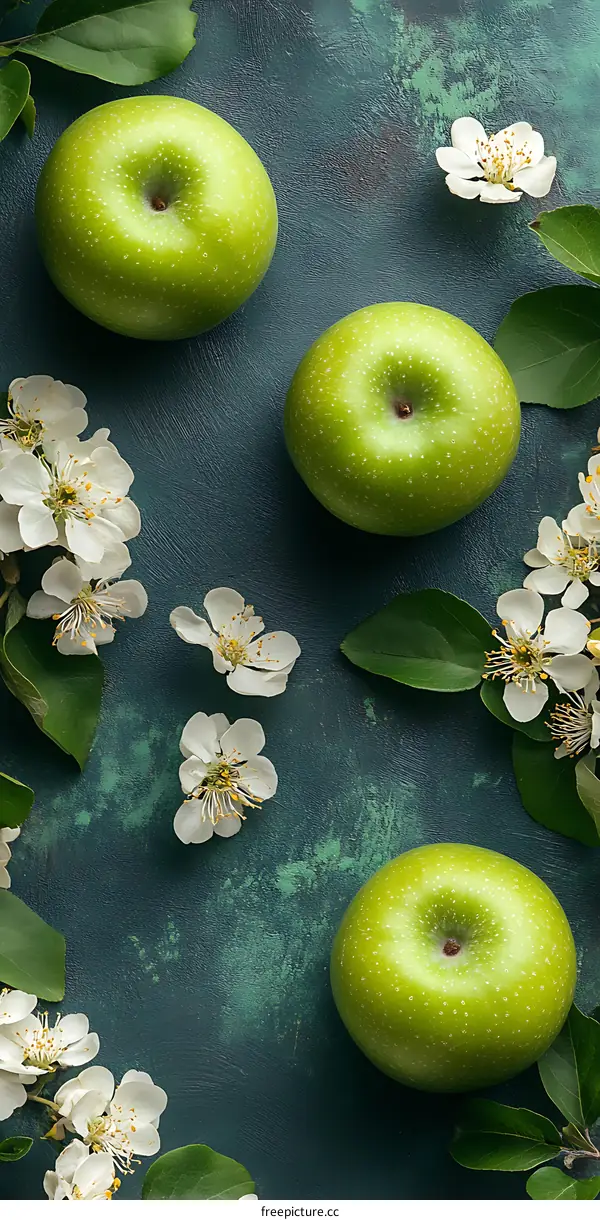 Green Apples and White Blossoms on a Green Background