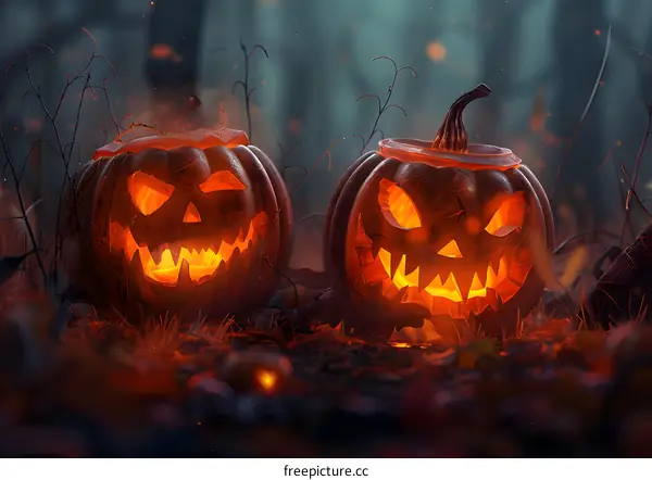 Two Halloween pumpkins glowing in a dark forest