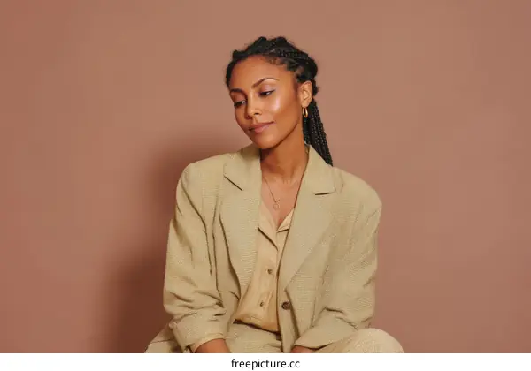 Stylish Black Woman in Beige Blazer