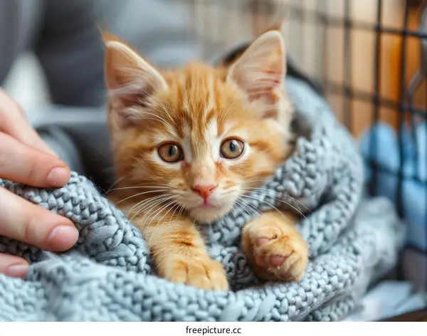 Cute Ginger Kitten Snuggling in a Gray Blanket