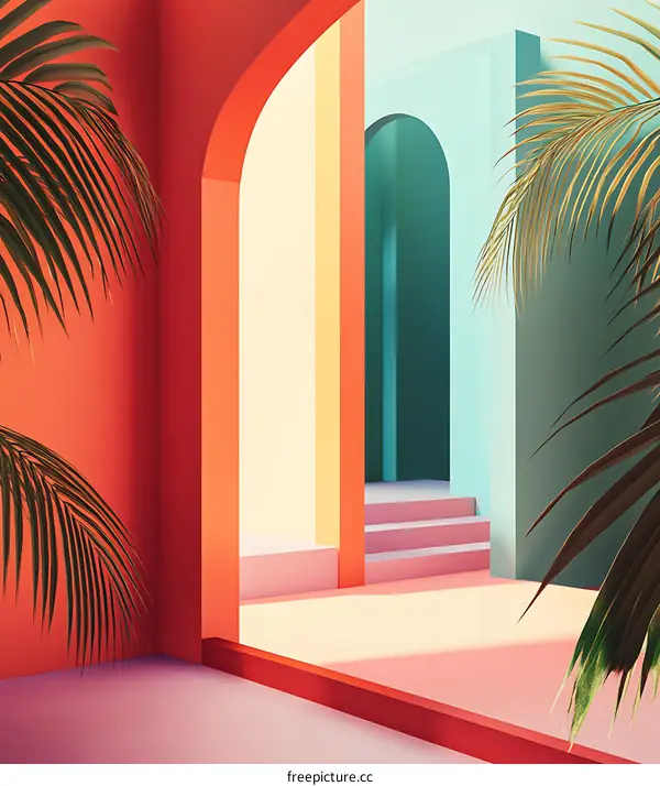 Abstract Archway with Tropical Palm Trees and Colorful Walls