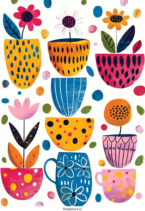 Colorful Abstract Flower Pattern With Pots