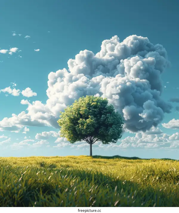 Peaceful Meadow with a Solitary Tree and Dramatic Clouds