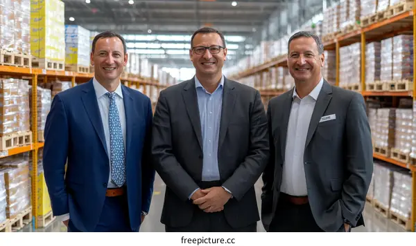 Three Business Leaders in Warehouse Setting