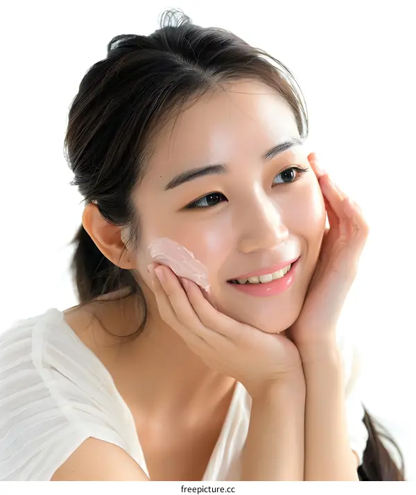 Smiling Asian Woman Applying Face Cream On White Background