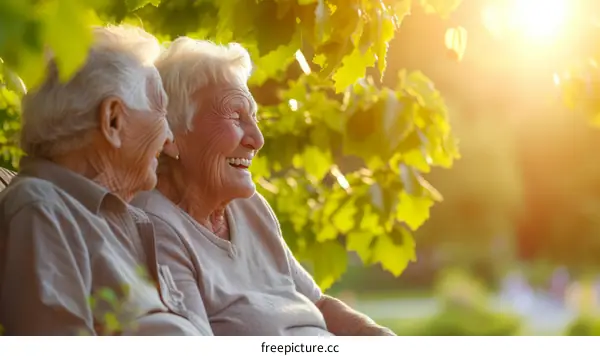 Happy elderly couple sitting on a bench in the park