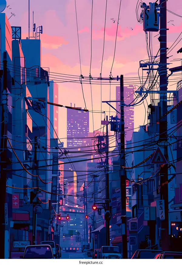Cityscape with Power Lines and Sunset