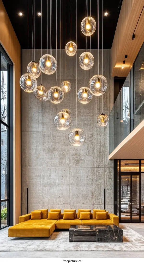 Modern Lobby Interior Design with Mustard Yellow Sofa