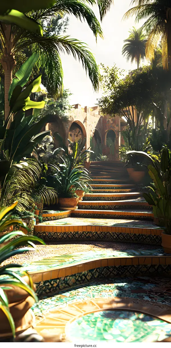 Stone Steps Leading Up To A Lush Tropical Garden