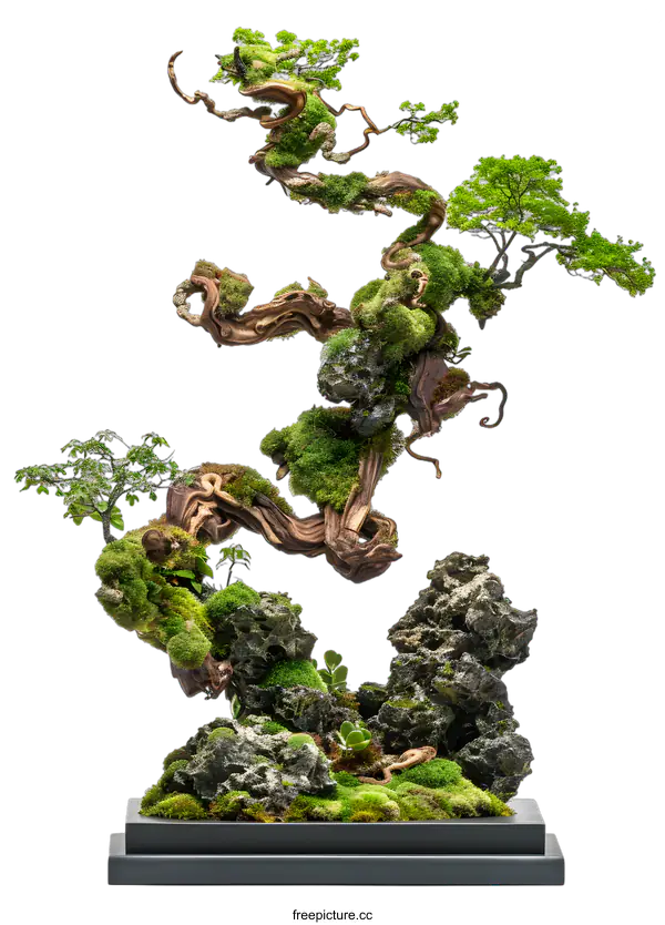[Transparent Background PNG]Bonsai Tree With Moss And Rocks