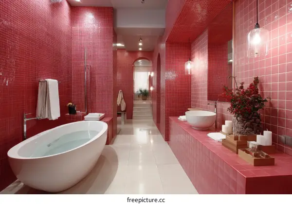 Modern Red Mosaic Bathroom Design with Oval Bathtub