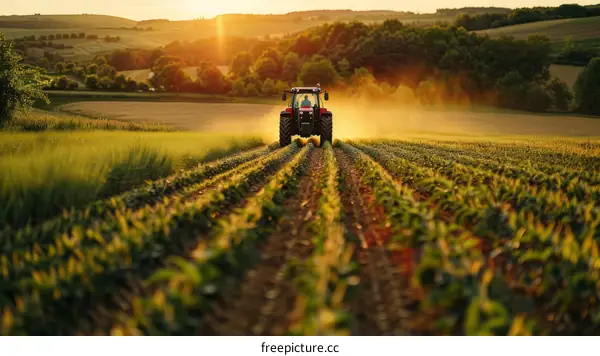 Tractor working in a field during sunset