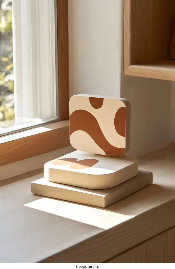 Abstract Art Sculpture on Wooden Shelf with Window