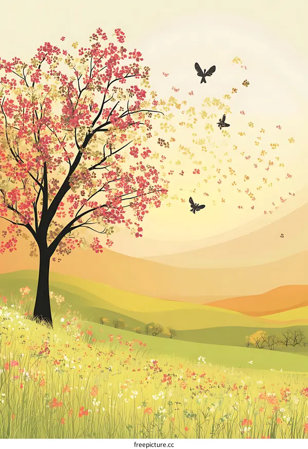 Autumn Tree with Butterflies and Flowers Landscape Illustration