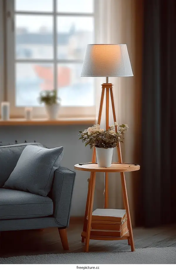 Cozy Living Room with Wooden Side Table and Lamp