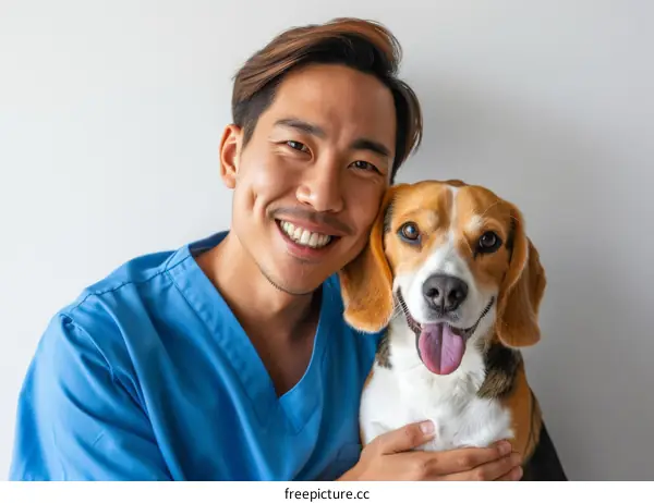 Asian male veterinarian smiling with a beagle