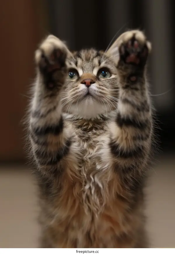 A cute tabby cat is standing on its hind legs with its paws in the air