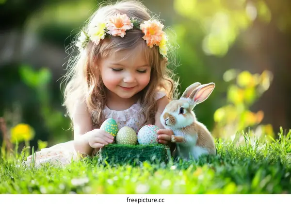 Cute Girl with Easter Rabbit and Eggs in Spring Garden