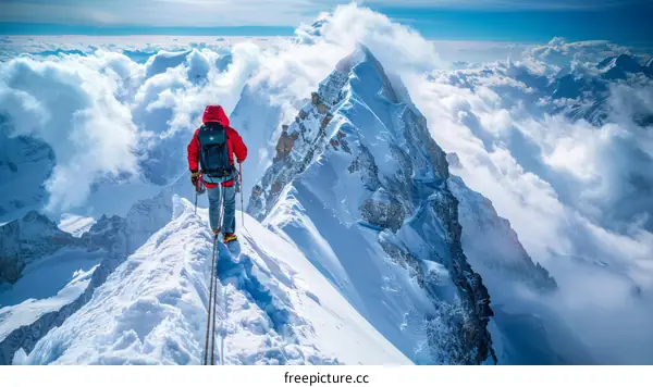 Mountaineer on the summit of a snow-capped mountain