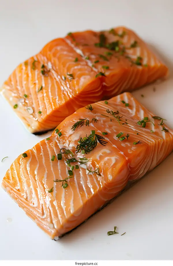 Two pieces of raw salmon fillet with dill