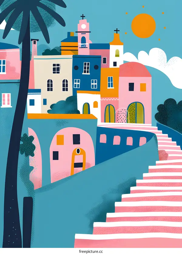 Colorful Illustration of an Italian Village with a Palm Tree