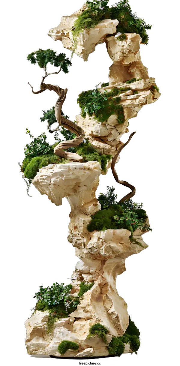 [Transparent Background PNG]Artificial Rock Formation with Bonsai Tree
