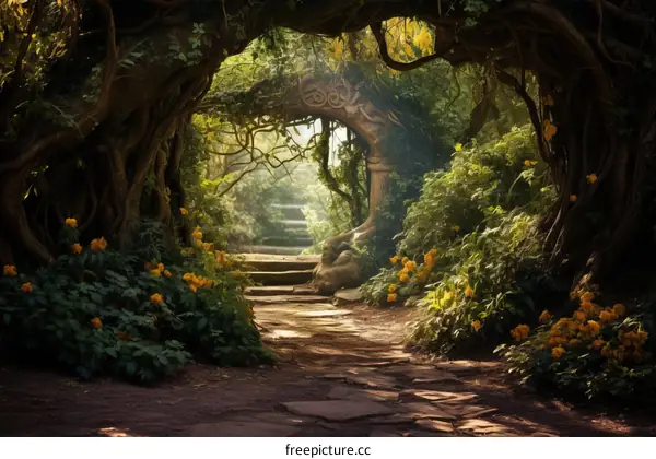 Mystical forest path with stone steps and archway of ancient tree roots and glowing yellow flowers
