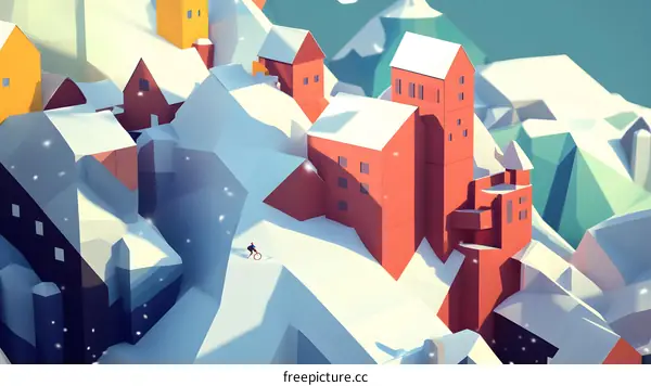 Winter Village Illustration with One Person Biking