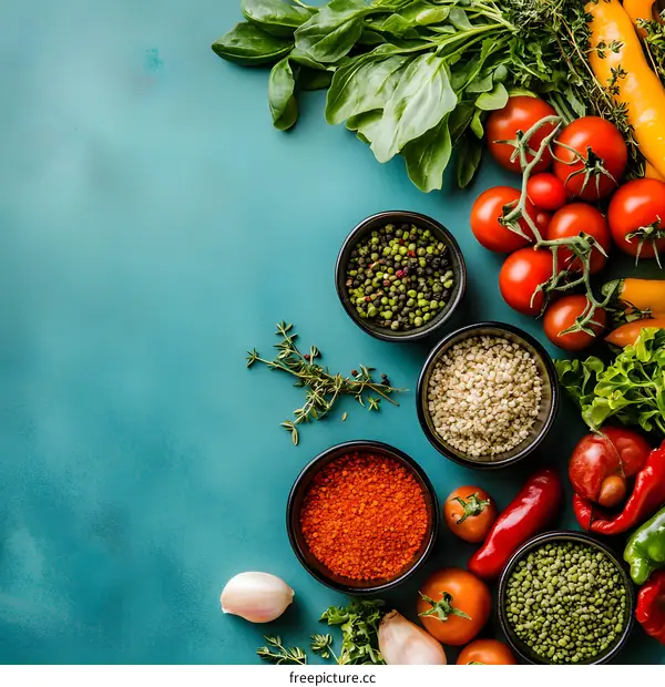 Fresh Herbs and Spices with Vegetables on Blue Background