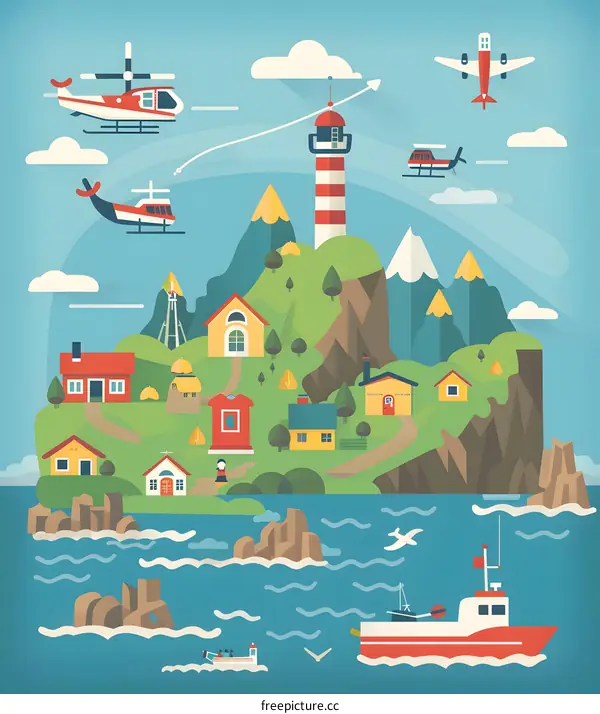 Flat Design Illustration Of An Island With Lighthouse And Boats