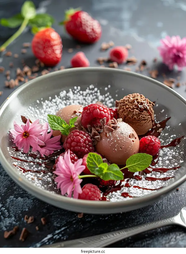 A delicious dessert with chocolate mousse, raspberries and flowers