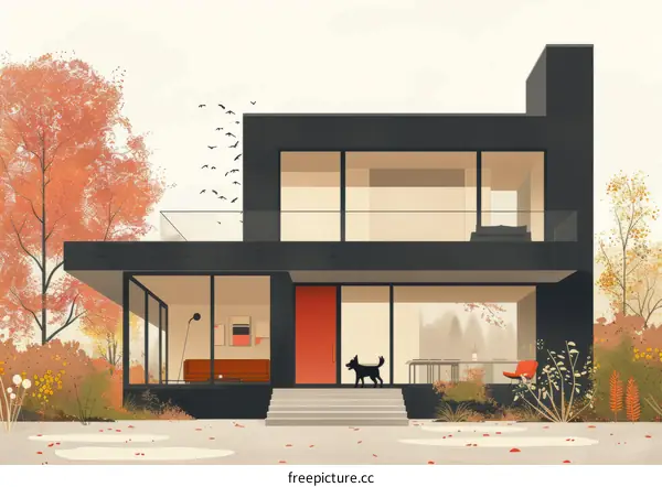 Modern Black Home Exterior with Vibrant Orange Door