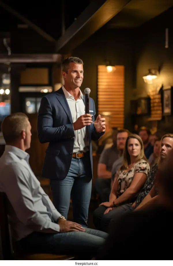 Man in suit giving speech at a podium with audience