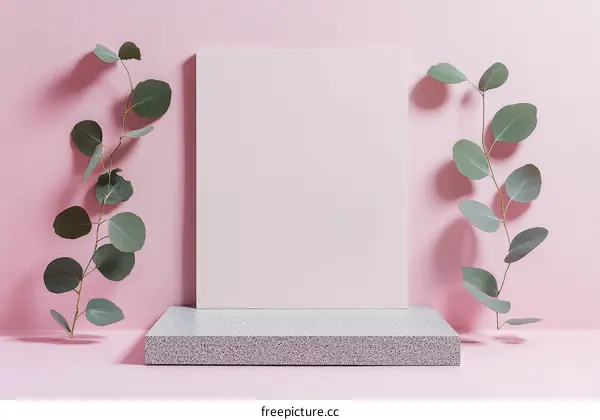 Minimalist Pink Background with Eucalyptus Branches and Podium