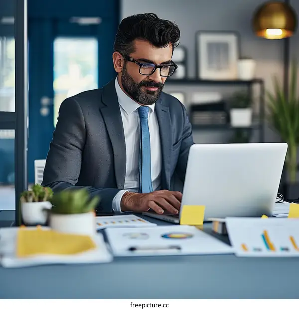 Male professional working on laptop in modern office