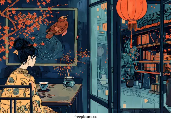 Woman in Kimono Sitting at Table with a Cup of Tea in Front of a Window with Lanterns and Bookshelves
