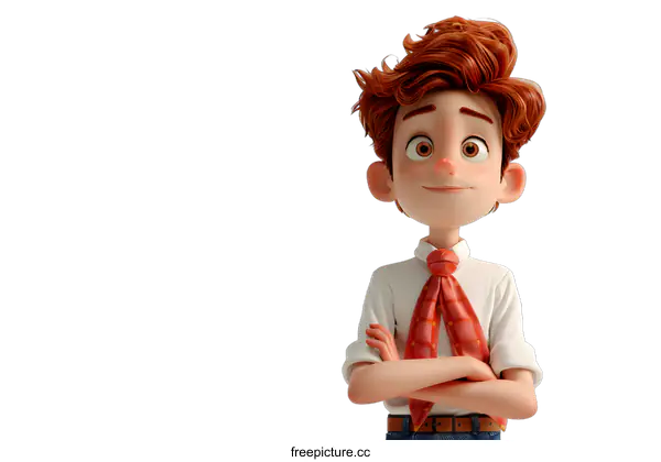 [Transparent Background PNG]Thoughtful Cartoon Boy with Folded Arms