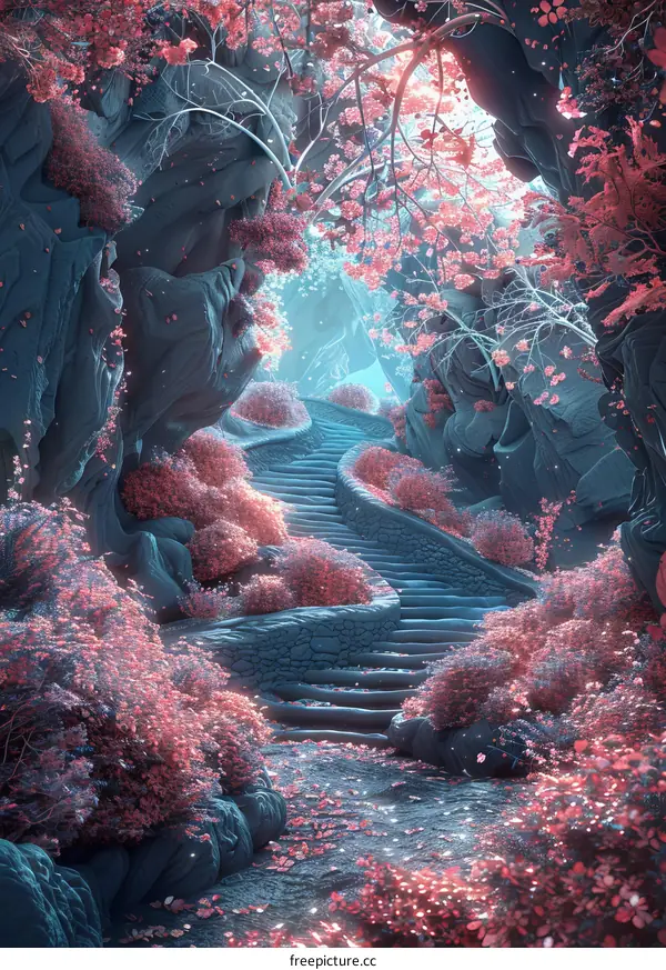 A fantasy pink flower forest stone stair path