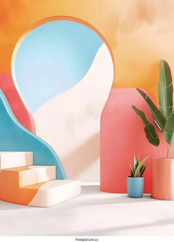 Abstract Colorful  3D Room Interior with Plants