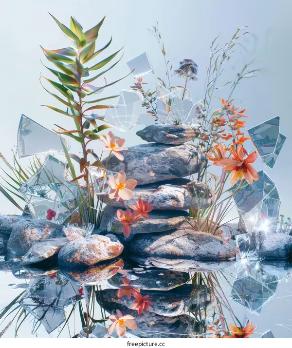 plants growing on rocks with broken glass shards sticking out