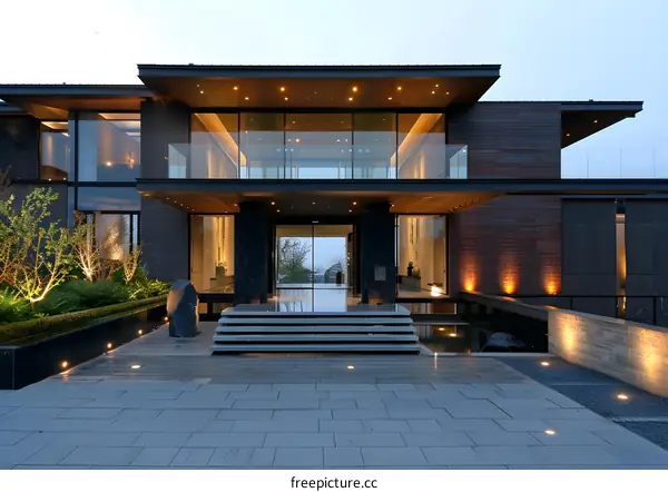 Modern Architecture House With Stone Facade And Outdoor Lighting