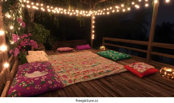 Cozy Nighttime Patio With String Lights and Pillows