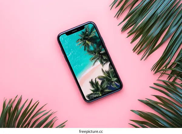 Smartphone Screen with Tropical Beach Wallpaper and Palm Leaves