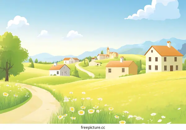 Beautiful Rural Landscape With Houses And Green Hills