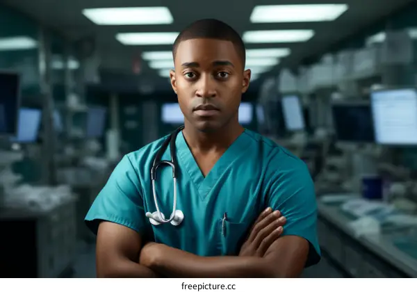 Portrait of a young African-American male doctor in a hospital setting