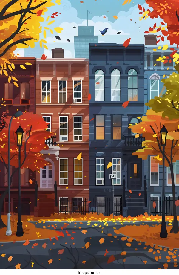 Autumn Street Scene with Colorful Buildings and Falling Leaves