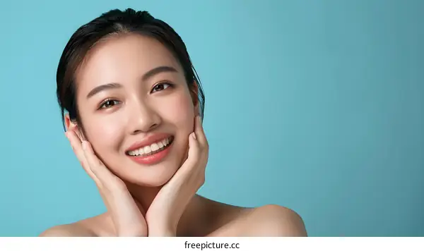 Smiling Asian Woman with Clean Skin Posing on Blue Background