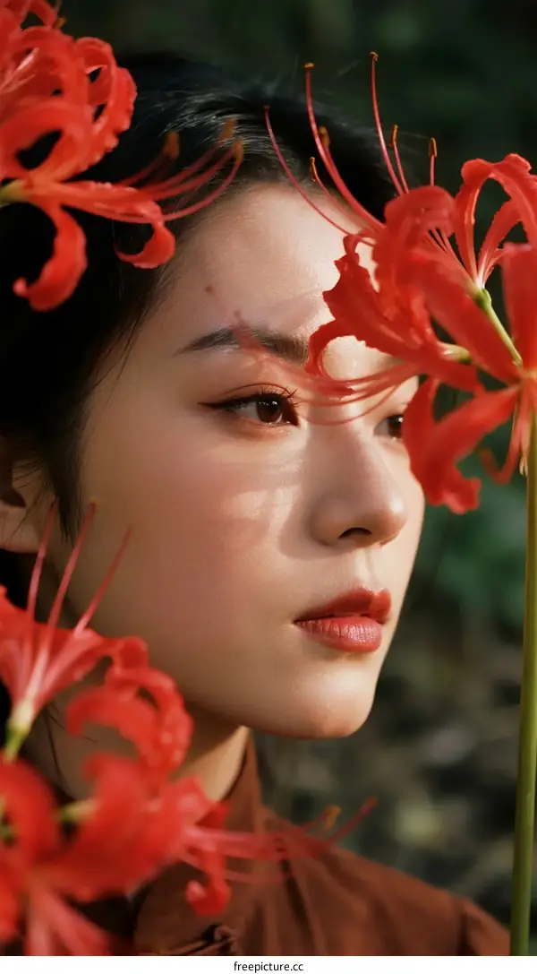 Red Lycoris Radiata Flowers Surrounding Young Asian Woman